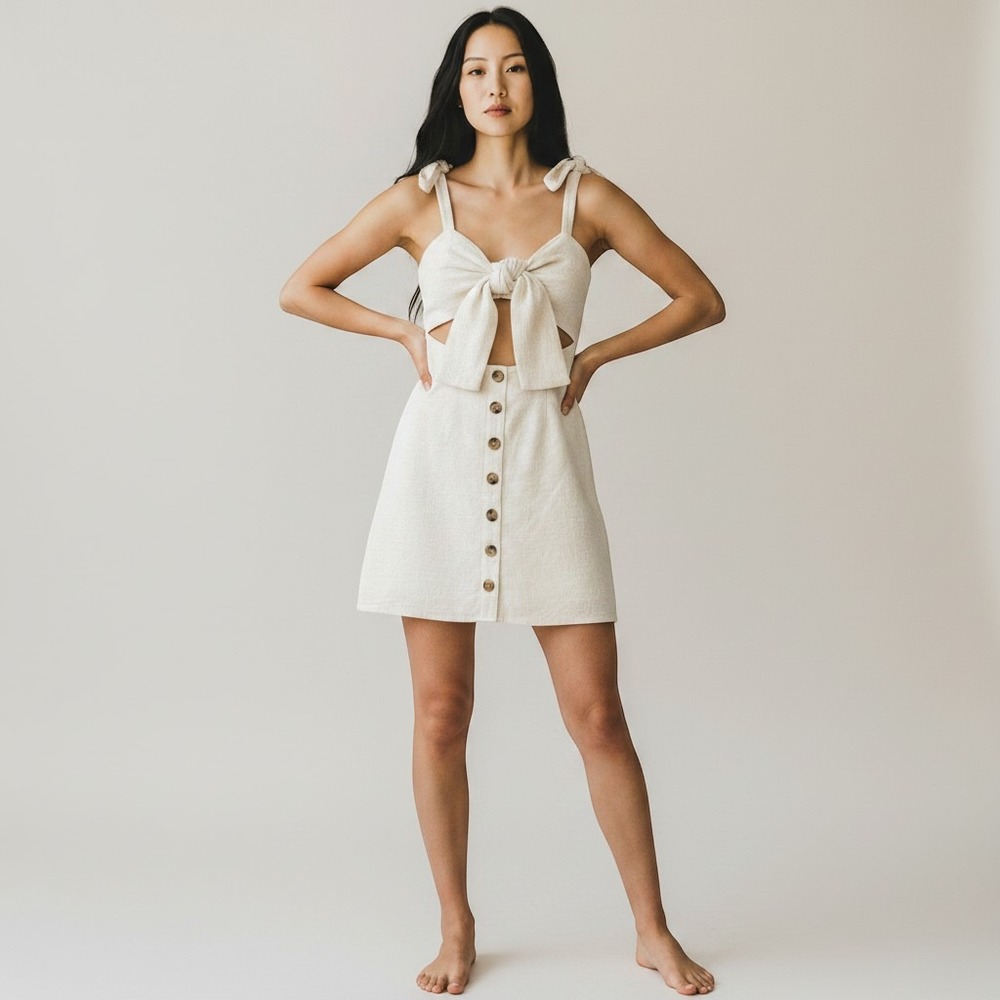 Sabo Skirt Cream 100% Cotton Tie Front Cut Out Mini Dress XS Sweetheart Neckline